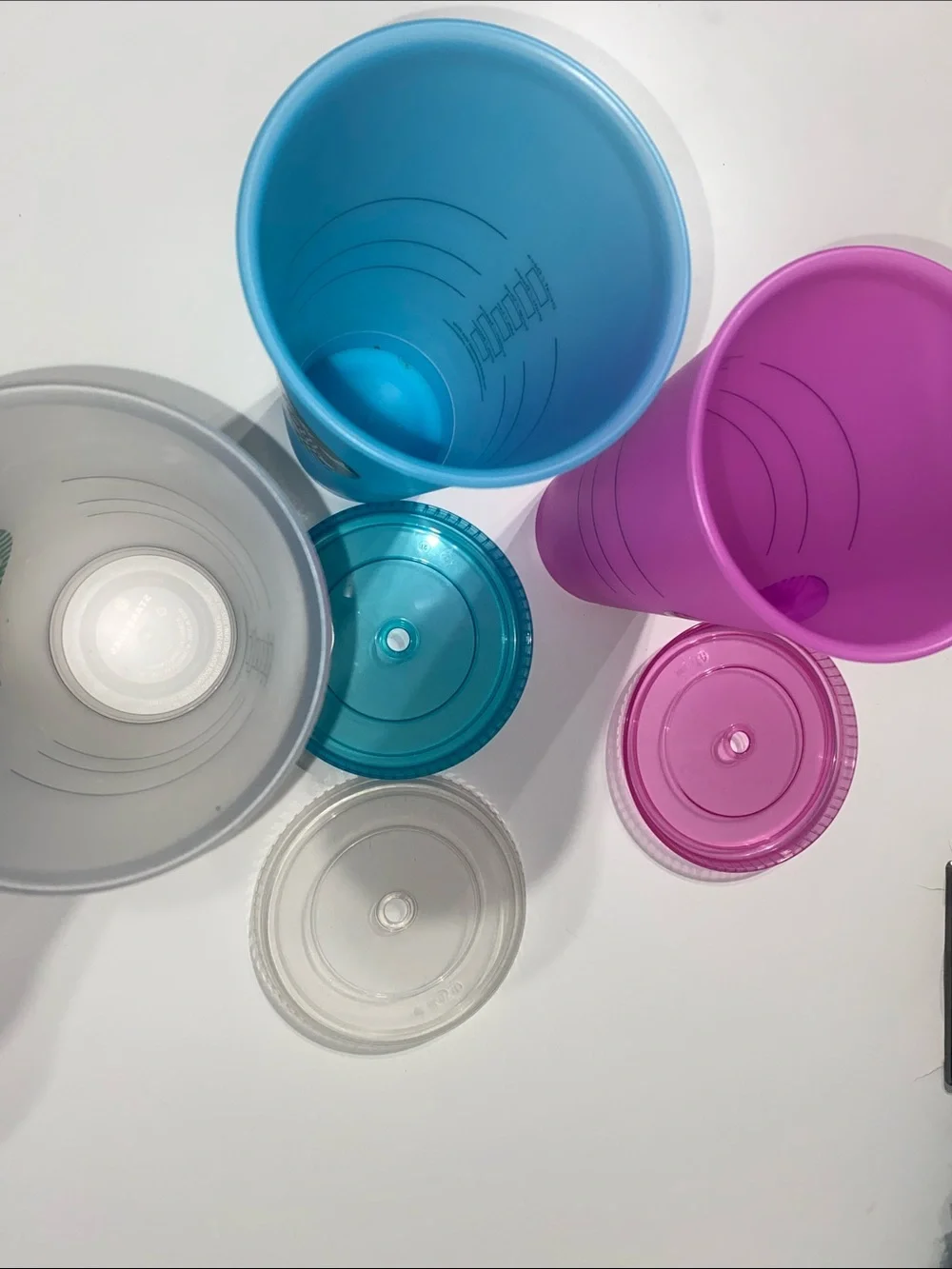 Starbucks Reusable Cups — Blue, Pinkish Purple, and Frosted White Trio